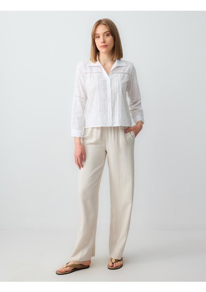 Taş Rahat Kesim Yüksek Bel Bol Paça Uzun Keten Pantolon
