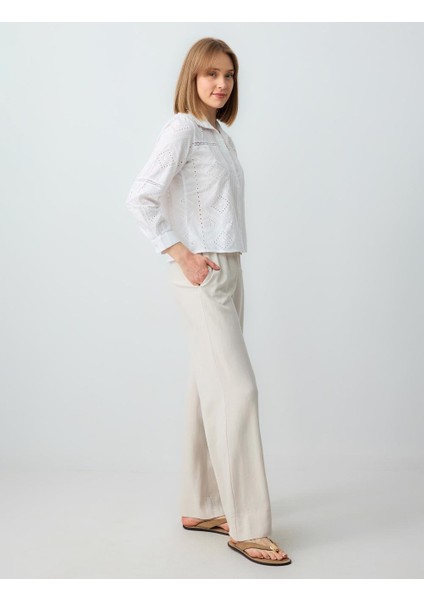 Taş Rahat Kesim Yüksek Bel Bol Paça Uzun Keten Pantolon fiyatları