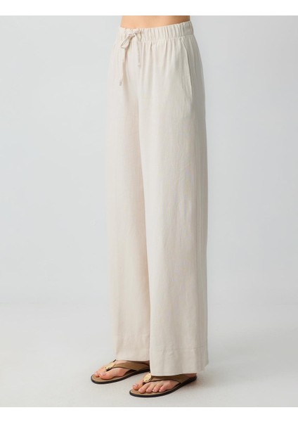Taş Rahat Kesim Yüksek Bel Bol Paça Uzun Keten Pantolon fırsatları