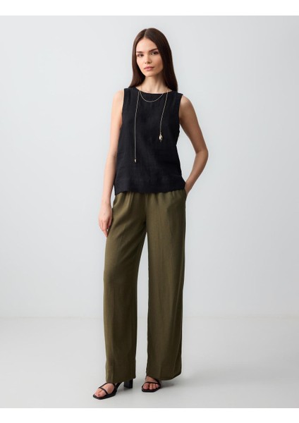 Haki Rahat Kesim Yüksek Bel Bol Paça Uzun Keten Pantolon