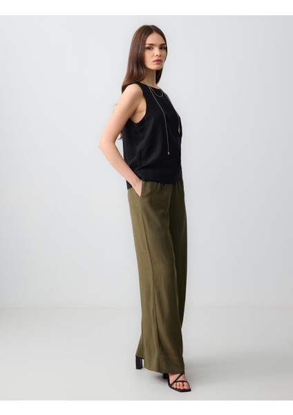 Haki Rahat Kesim Yüksek Bel Bol Paça Uzun Keten Pantolon fiyatları