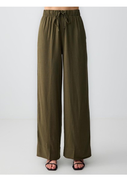 Haki Rahat Kesim Yüksek Bel Bol Paça Uzun Keten Pantolon fırsatları