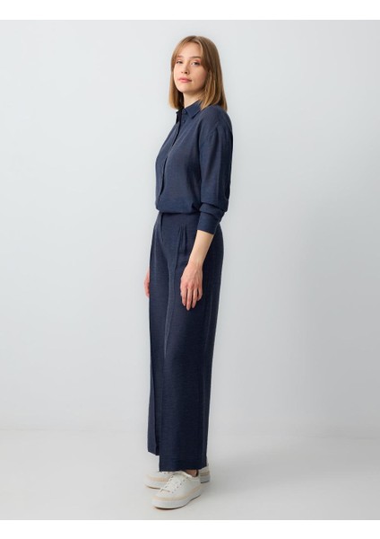 Lacivert Yüksek Bel Bol Paça Rahat Kesim Keten Pantolon fiyatları