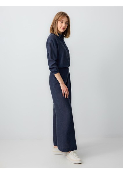 Lacivert Yüksek Bel Bol Paça Rahat Kesim Keten Pantolon modelleri
