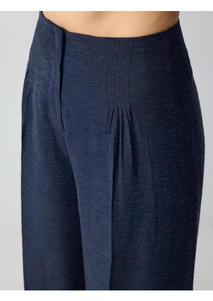 Lacivert Yüksek Bel Bol Paça Rahat Kesim Keten Pantolon indirimleri