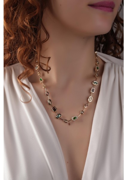 Premium Tamtur Renkli Taşlı Geometrik Tasarım Kolye 50747