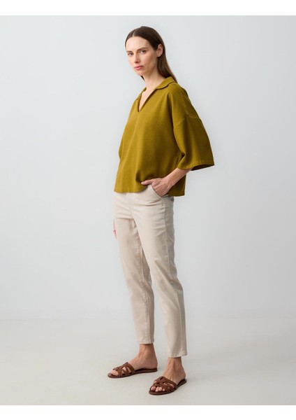 Taş Düz Kesim Yüksek Bel Normal Paça Yandan Cepli Dokuma Pantolon