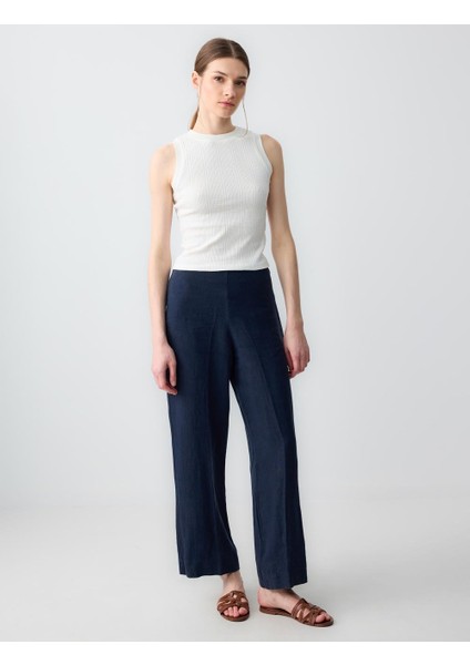 Lacivert Yüksel Bel Bol Paça Uzun Dokuma Keten Pantolon