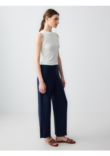 Lacivert Yüksel Bel Bol Paça Uzun Dokuma Keten Pantolon modelleri