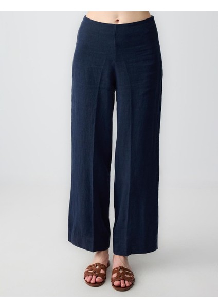 Lacivert Yüksel Bel Bol Paça Uzun Dokuma Keten Pantolon fırsatları