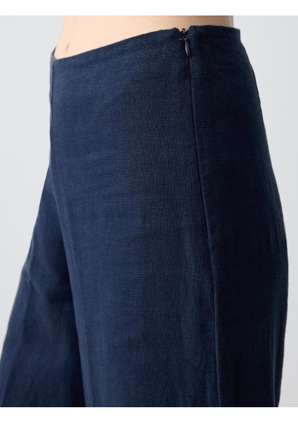 Lacivert Yüksel Bel Bol Paça Uzun Dokuma Keten Pantolon indirimleri