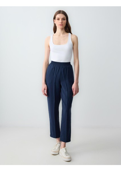 Lacivert Yüksek Bel Normal Paça Modal Dokuma Pantolon