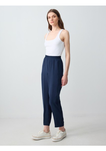 Lacivert Yüksek Bel Normal Paça Modal Dokuma Pantolon fiyatları