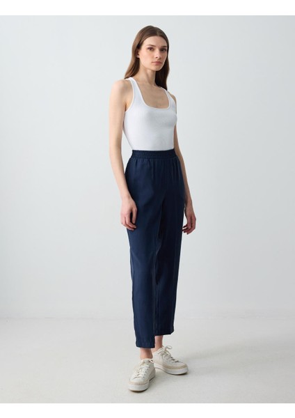 Lacivert Yüksek Bel Normal Paça Modal Dokuma Pantolon modelleri