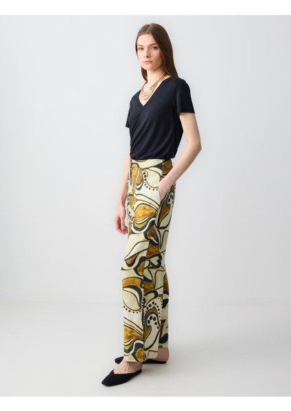 Taş Rahat Kesim Yüksek Bel Bol Paça Desenli Keten Pantolon modelleri