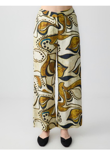 Taş Rahat Kesim Yüksek Bel Bol Paça Desenli Keten Pantolon fırsatları