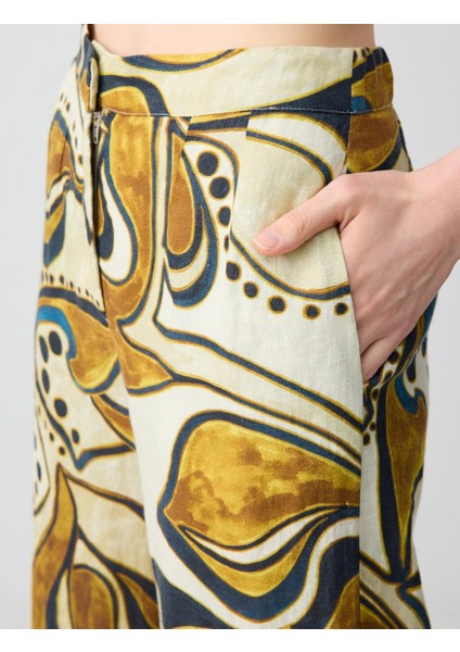 Taş Rahat Kesim Yüksek Bel Bol Paça Desenli Keten Pantolon indirimleri