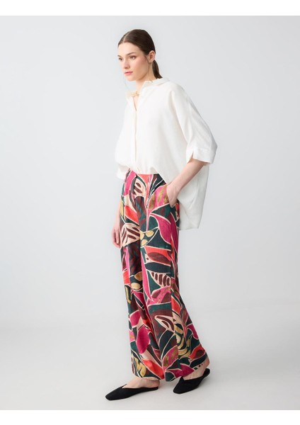 Karışık Rahat Kesim Yüksek Bel Bol Paça Çiçek Desenli Keten Pantolon fiyatları