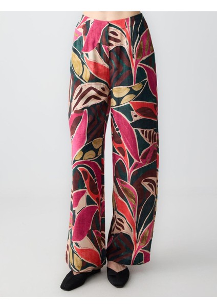 Karışık Rahat Kesim Yüksek Bel Bol Paça Çiçek Desenli Keten Pantolon fırsatları