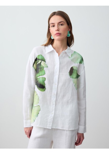 Beyaz Floral Desenli Uzun Kollu Keten Gömlek