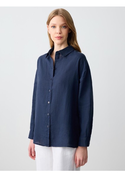 Lacivert Düz Kesim Uzun Kollu Dokuma Keten Gömlek
