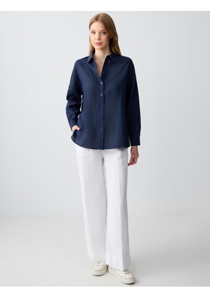 Lacivert Düz Kesim Uzun Kollu Dokuma Keten Gömlek fiyatları
