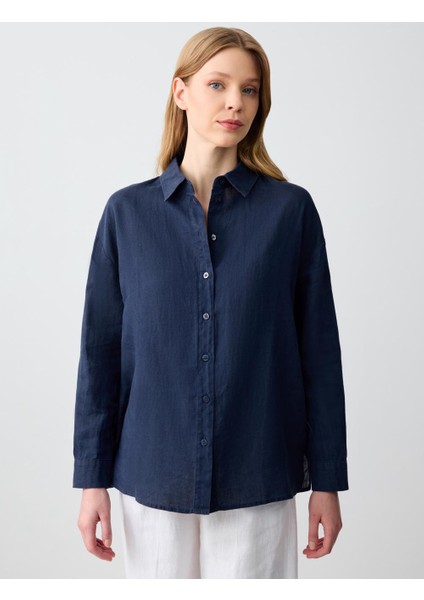 Lacivert Düz Kesim Uzun Kollu Dokuma Keten Gömlek modelleri