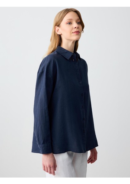 Lacivert Düz Kesim Uzun Kollu Dokuma Keten Gömlek fırsatları