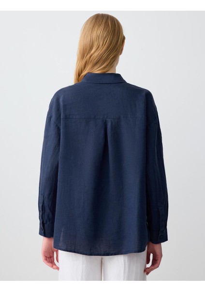 Lacivert Düz Kesim Uzun Kollu Dokuma Keten Gömlek indirimleri
