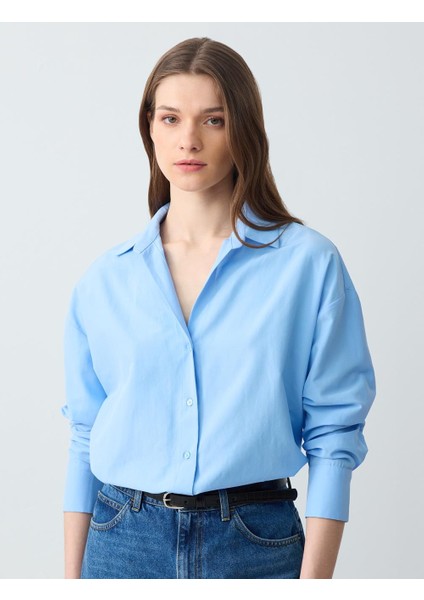 Mavi Rahat Kesim Uzun Kollu Dokuma Gömlek