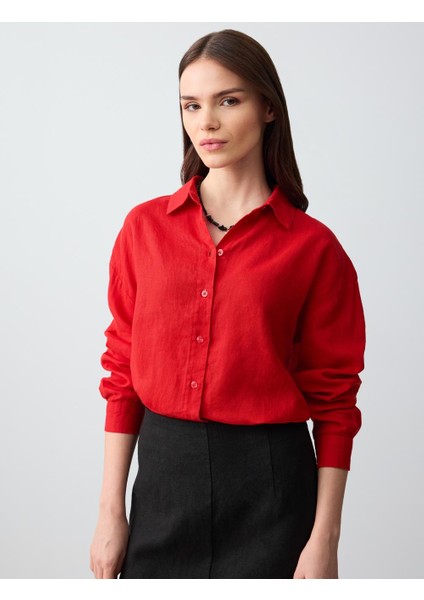 Kırmızı Düz Kesim Uzun Kollu Dokuma Keten Gömlek