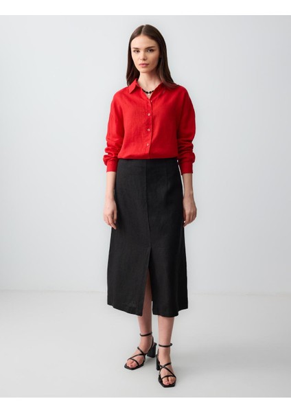 Kırmızı Düz Kesim Uzun Kollu Dokuma Keten Gömlek fiyatları