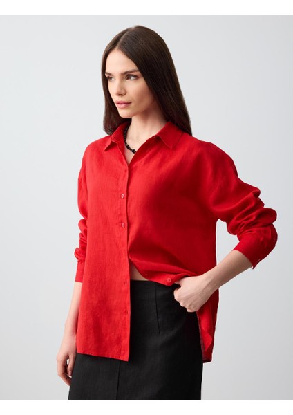 Kırmızı Düz Kesim Uzun Kollu Dokuma Keten Gömlek modelleri