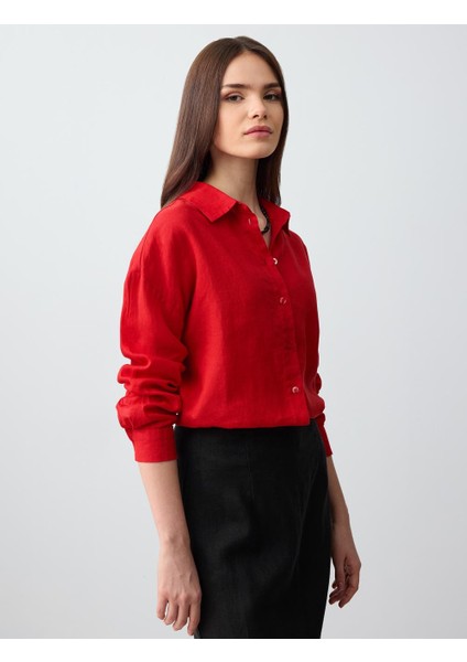 Kırmızı Düz Kesim Uzun Kollu Dokuma Keten Gömlek fırsatları