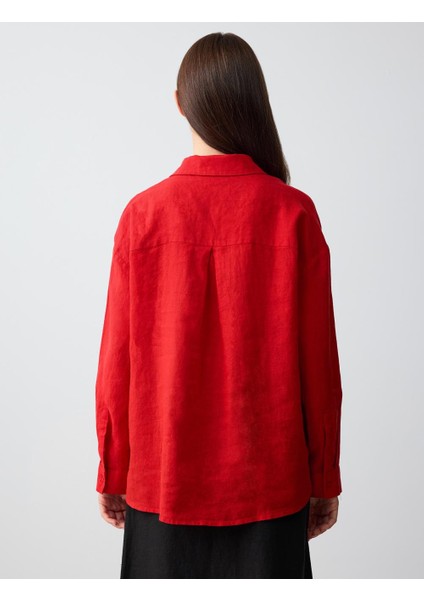 Kırmızı Düz Kesim Uzun Kollu Dokuma Keten Gömlek indirimleri