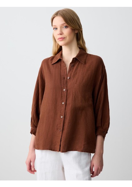 Acı Kahve Rahat Kesim Truvakar Kol Dokuma Keten Gömlek