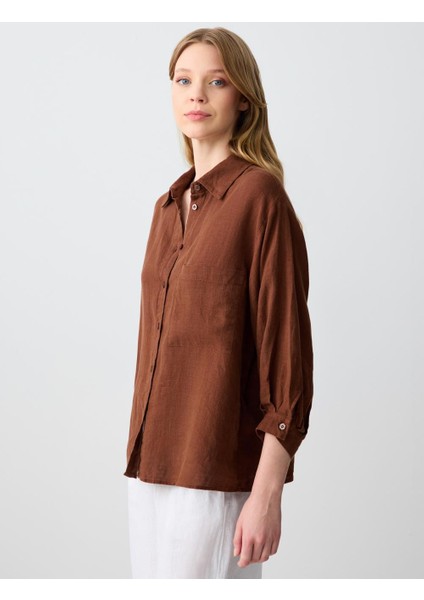 Acı Kahve Rahat Kesim Truvakar Kol Dokuma Keten Gömlek modelleri