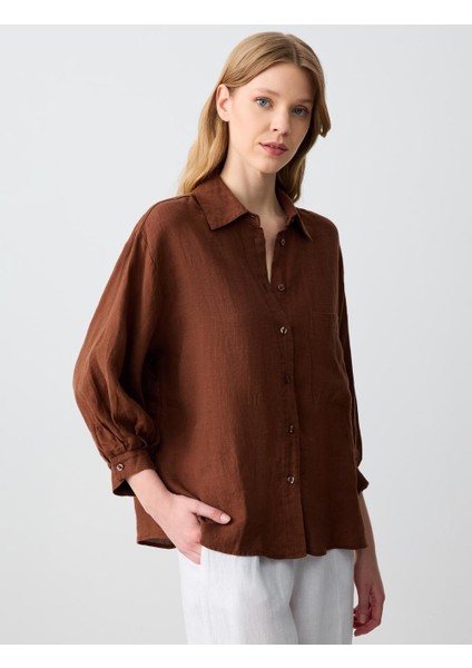 Acı Kahve Rahat Kesim Truvakar Kol Dokuma Keten Gömlek fırsatları