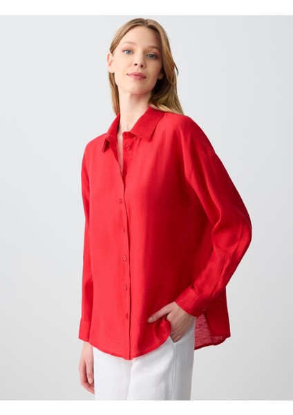 Kırmızı Rahat Kesim Uzun Kollu Keten Gömlek