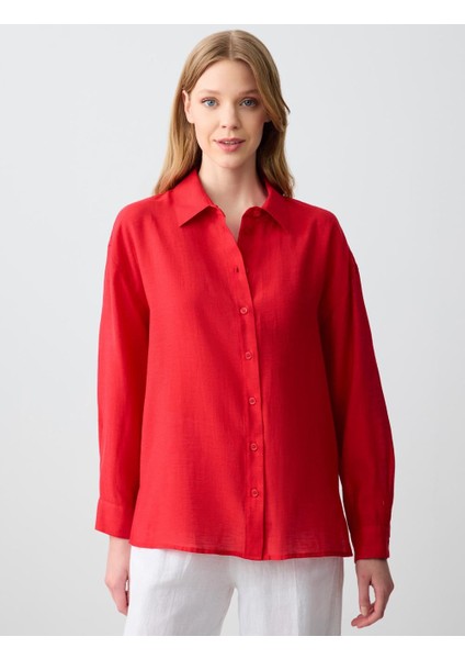 Kırmızı Rahat Kesim Uzun Kollu Keten Gömlek modelleri