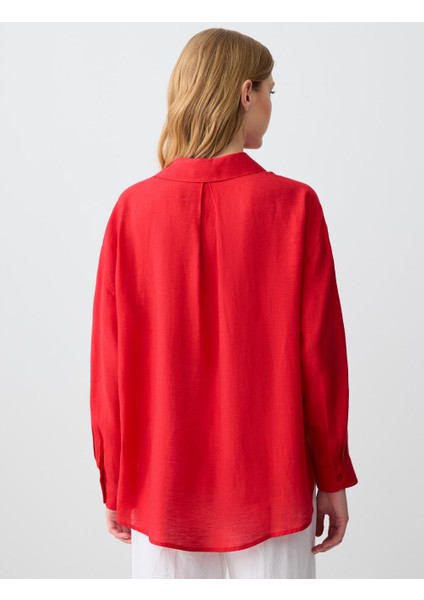 Kırmızı Rahat Kesim Uzun Kollu Keten Gömlek indirimleri