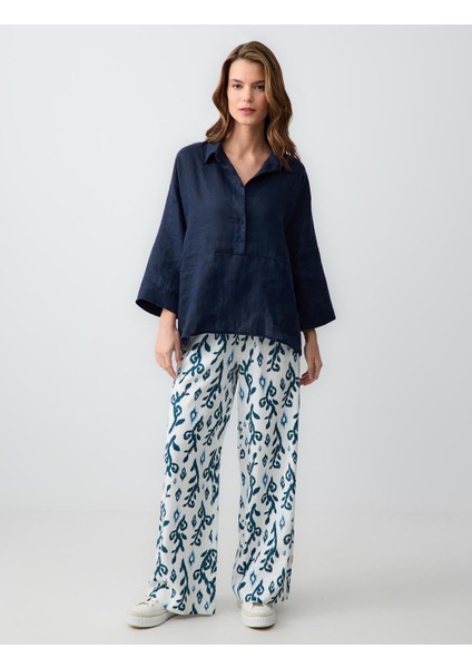 Yeşil Yüksek Bel Bol Paça Rahat Kesim Desenli Keten Pantolon