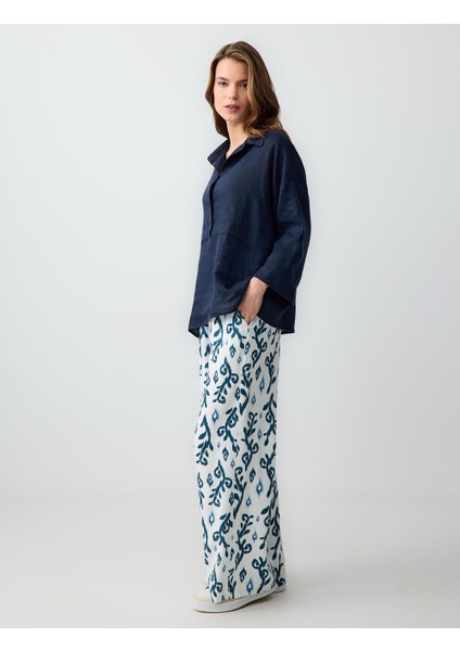 Yeşil Yüksek Bel Bol Paça Rahat Kesim Desenli Keten Pantolon fiyatları