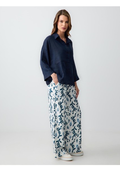 Yeşil Yüksek Bel Bol Paça Rahat Kesim Desenli Keten Pantolon modelleri