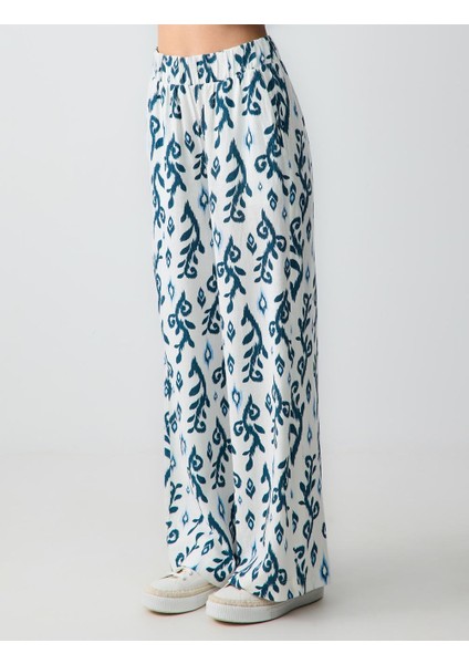 Yeşil Yüksek Bel Bol Paça Rahat Kesim Desenli Keten Pantolon fırsatları