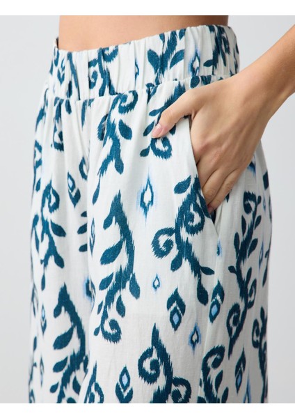 Yeşil Yüksek Bel Bol Paça Rahat Kesim Desenli Keten Pantolon indirimleri