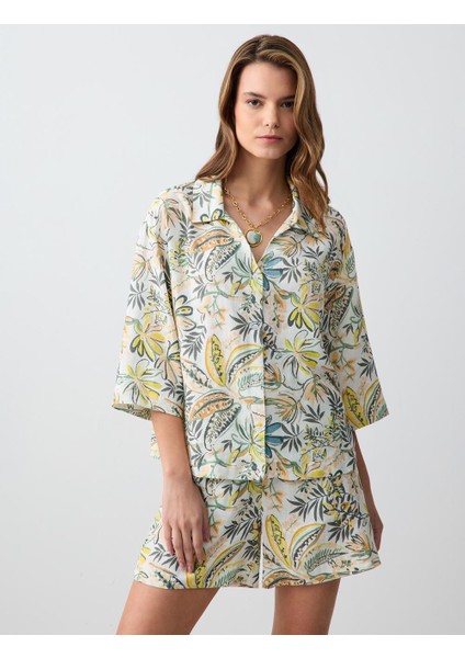 Taş Düz Kesim Truvakar Kol Desenli Keten Gömlek