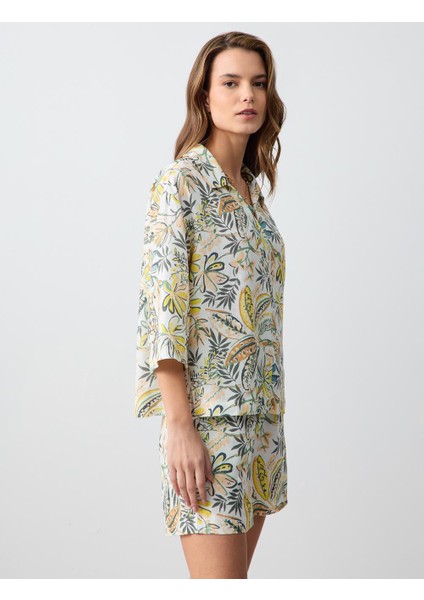 Taş Düz Kesim Truvakar Kol Desenli Keten Gömlek fırsatları