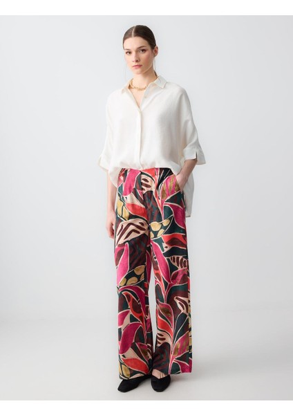 Karışık Rahat Kesim Yüksek Bel Bol Paça Çiçek Desenli Keten Pantolon