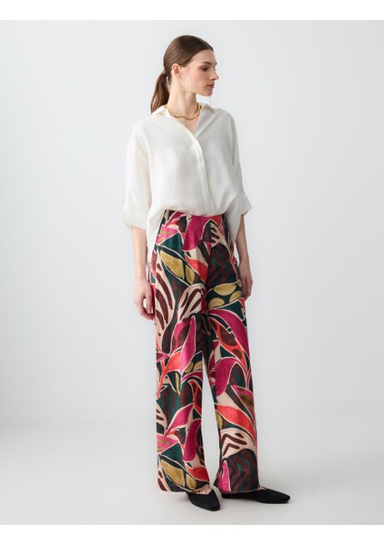 Karışık Rahat Kesim Yüksek Bel Bol Paça Çiçek Desenli Keten Pantolon modelleri